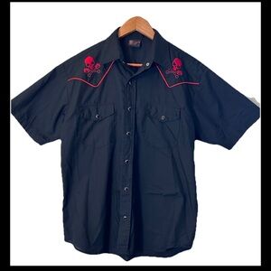 Rock Steady Black With Skulls Snap Up Short-Sleeve Shirt Men Small